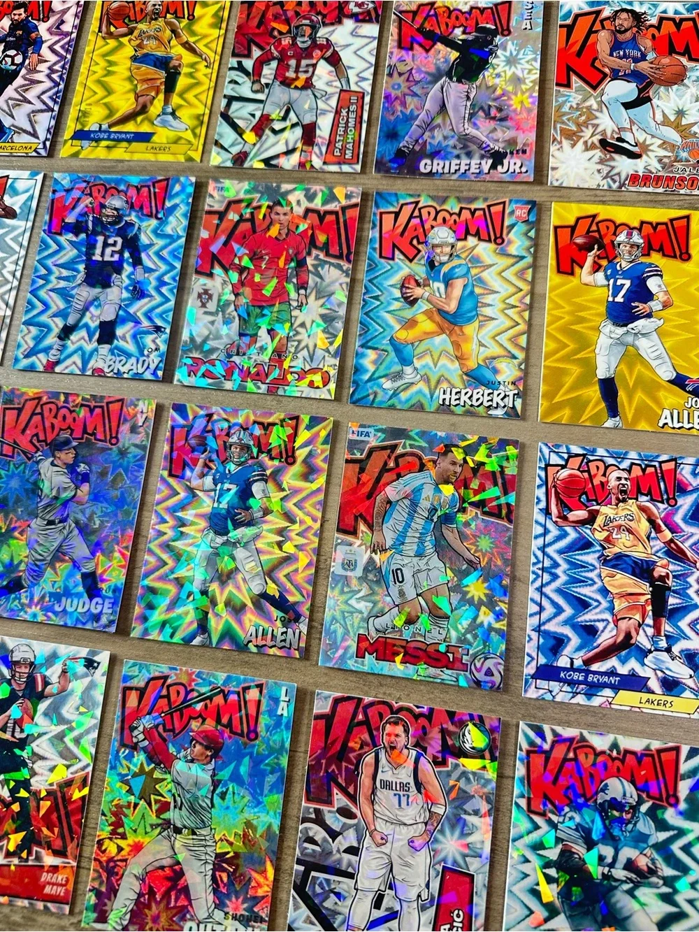Kaboom Lot of (20) Messi, Kobe, Ohtani, Mahomes, Maye, etc Holo Novelty Cards.